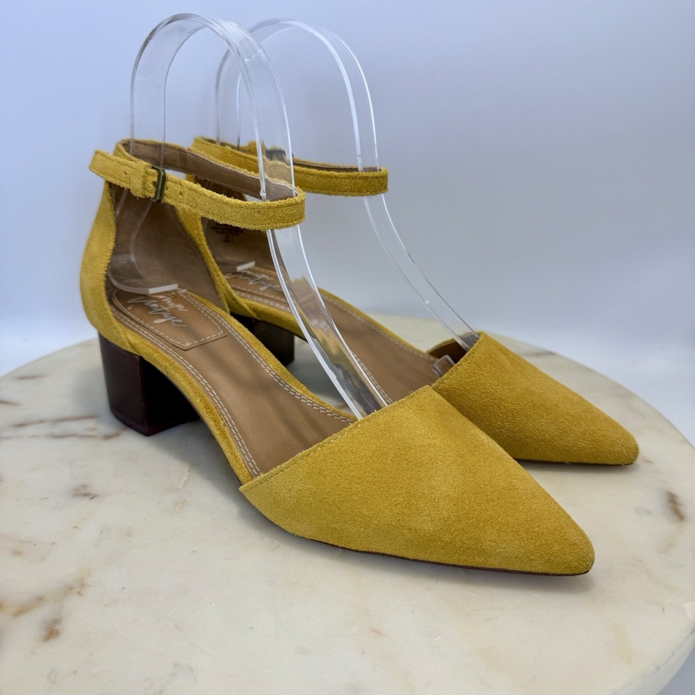 Crown Vintage Valentina Yellow Suede D'Orsay Ankle Strap Pointed Toe Heels 6M